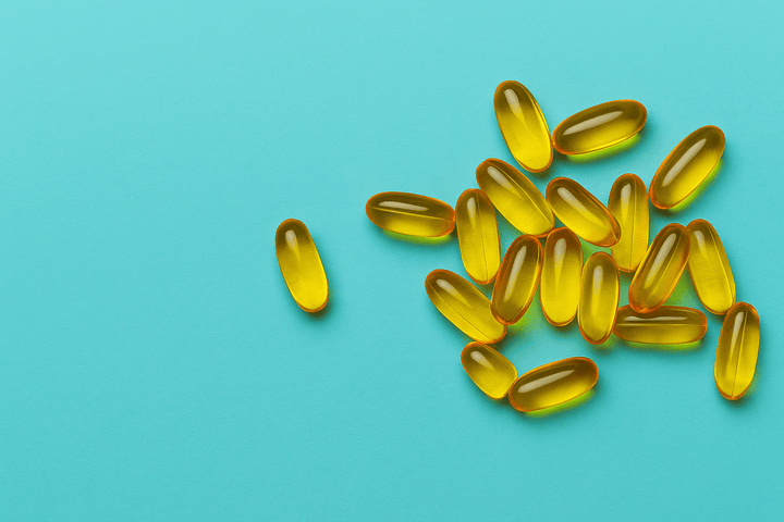 A collection of golden-yellow fish oil capsules arranged on a vibrant turquoise background, with one capsule placed separately on the left.