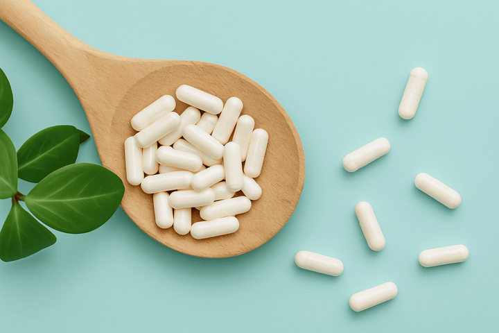 A wooden spoon filled with white probiotic capsules placed on a soft pastel blue background, with green leaves on the side and several capsules scattered around.
