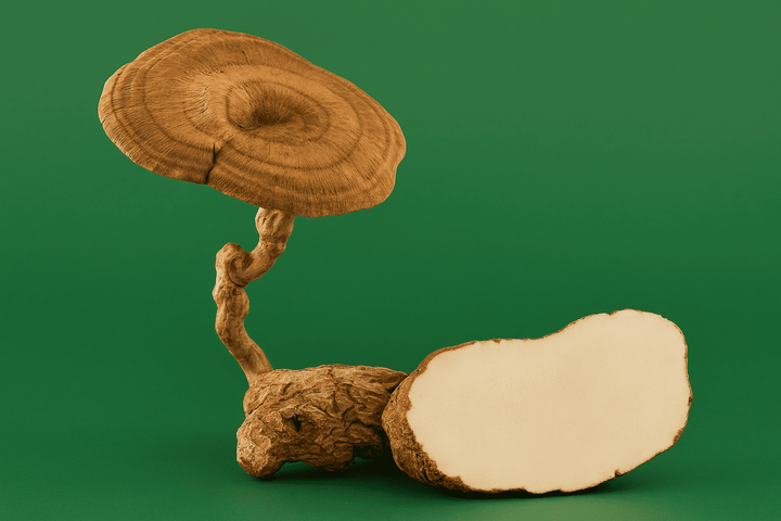 A close-up of a Tiger Milk Mushroom with a twisted stem, a large brown circular cap, and a sliced section showing its light interior, set against a solid green background.